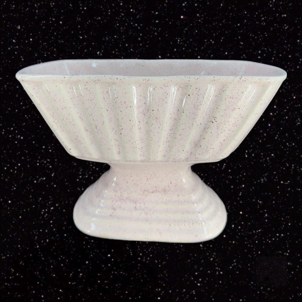 Vintage Brush Pottery Light Pink‎ MCM Oblong Footed Planter Vase W Black Specks